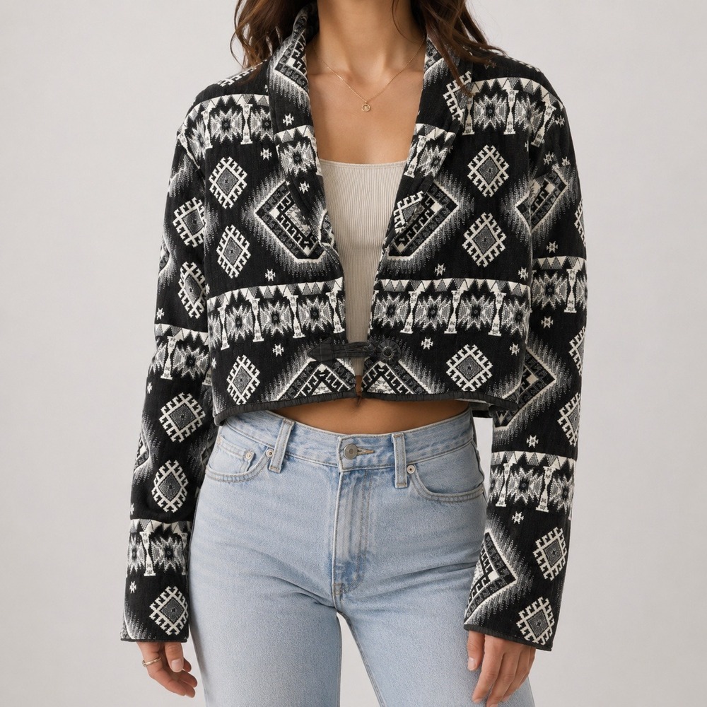 Flashback Vintage Southwestern Tribal Cropped Jacket Black‎ White Cotton Medium